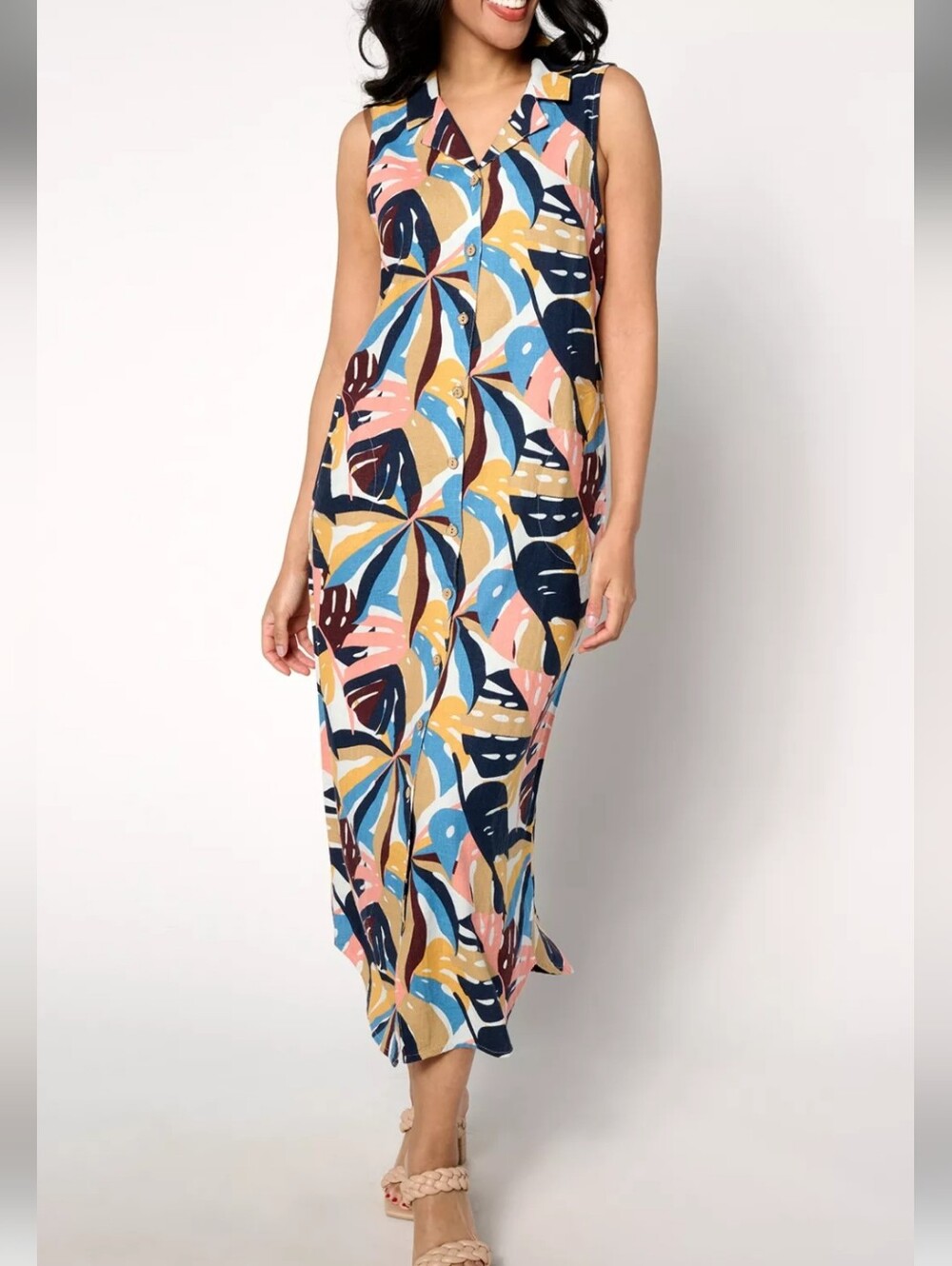 Studio Park Linen Blend Tropical Print Button Down Maxi Dress Size Small